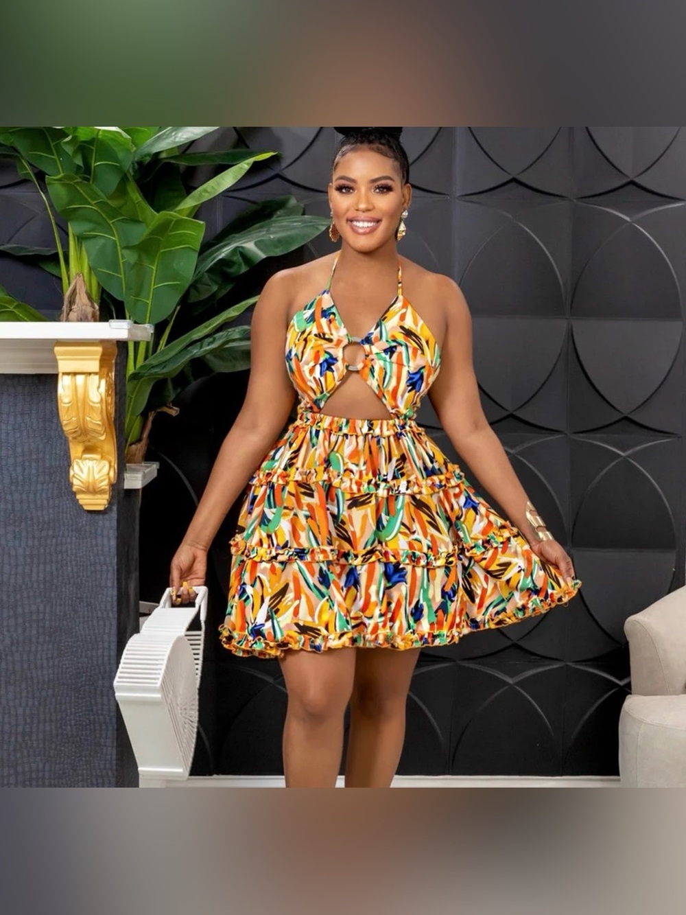 Tropical Print Mini Skirt Dress - Orange